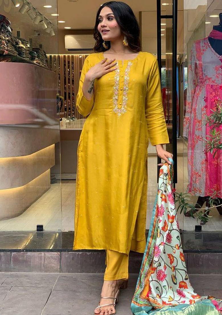 Mustard Floral Embroidered Silk Kurta Set