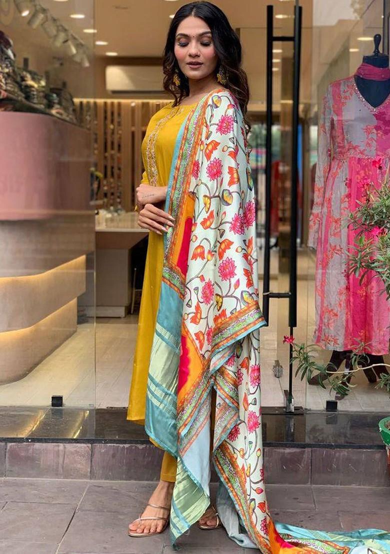 Mustard Floral Embroidered Silk Kurta Set