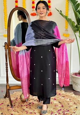 Black Printed Silk Kurta Set