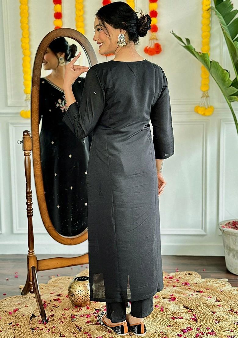 Black Printed Silk Kurta Set