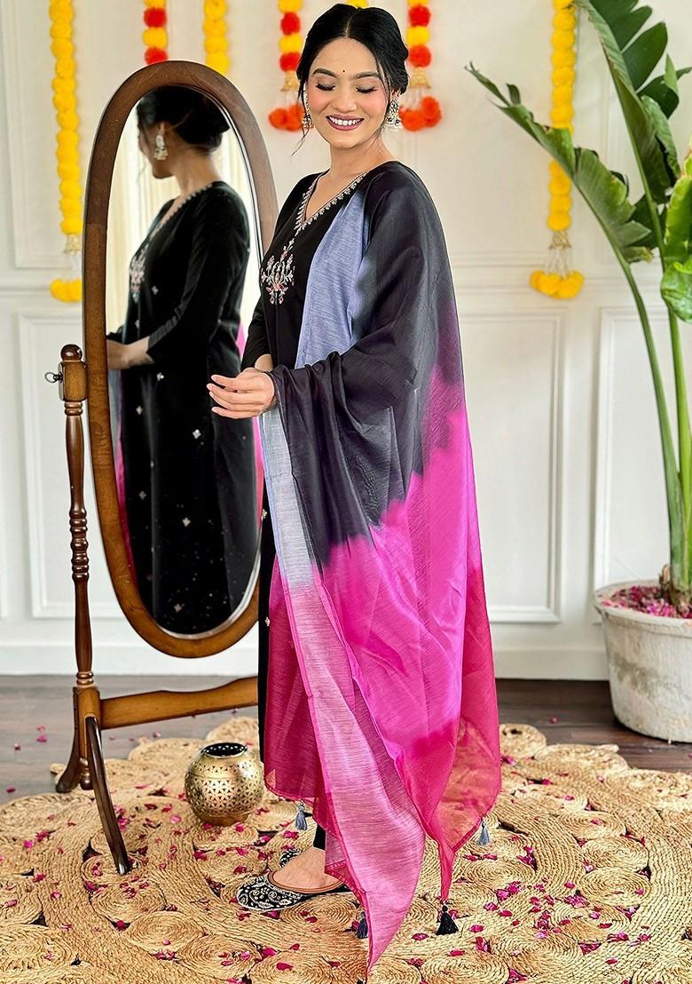 Black Printed Silk Kurta Set