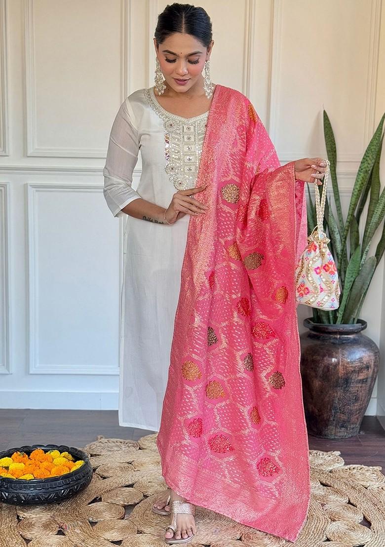 White Ethnic Motifs Embroidery Silk Kurta Set