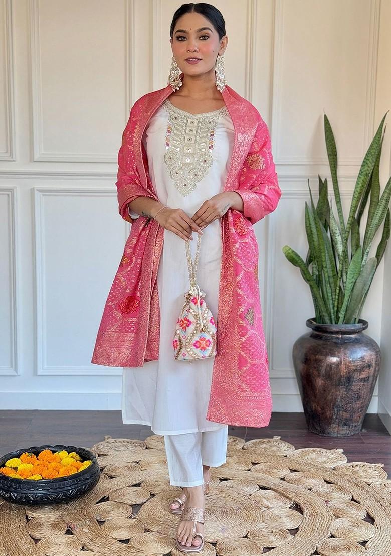 White Ethnic Motifs Embroidery Silk Kurta Set