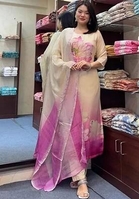 Purple Floral Embroidered Poly Blend Kurta Set