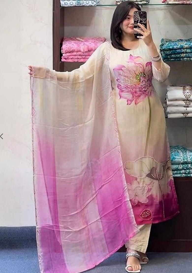 Purple Floral Embroidered Poly Blend Kurta Set