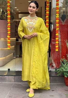 Yellow Floral Embroidered Silk Kurta Set