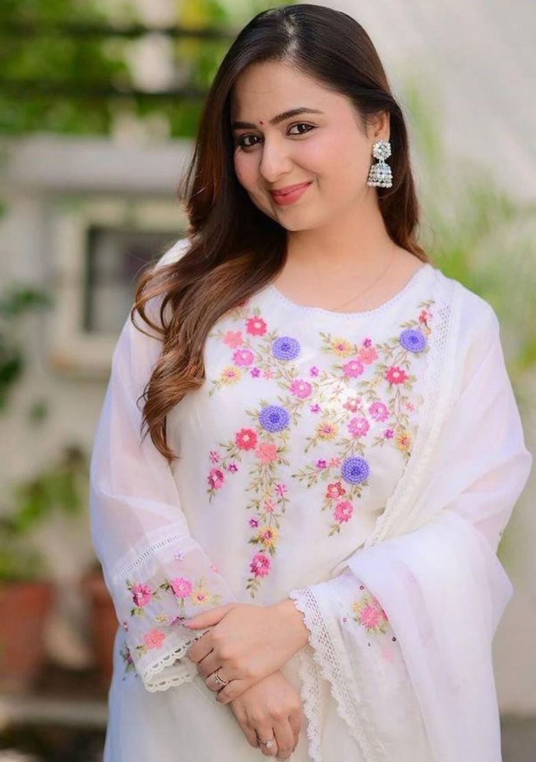 White Floral Embroidered Poly Blend Kurta Set