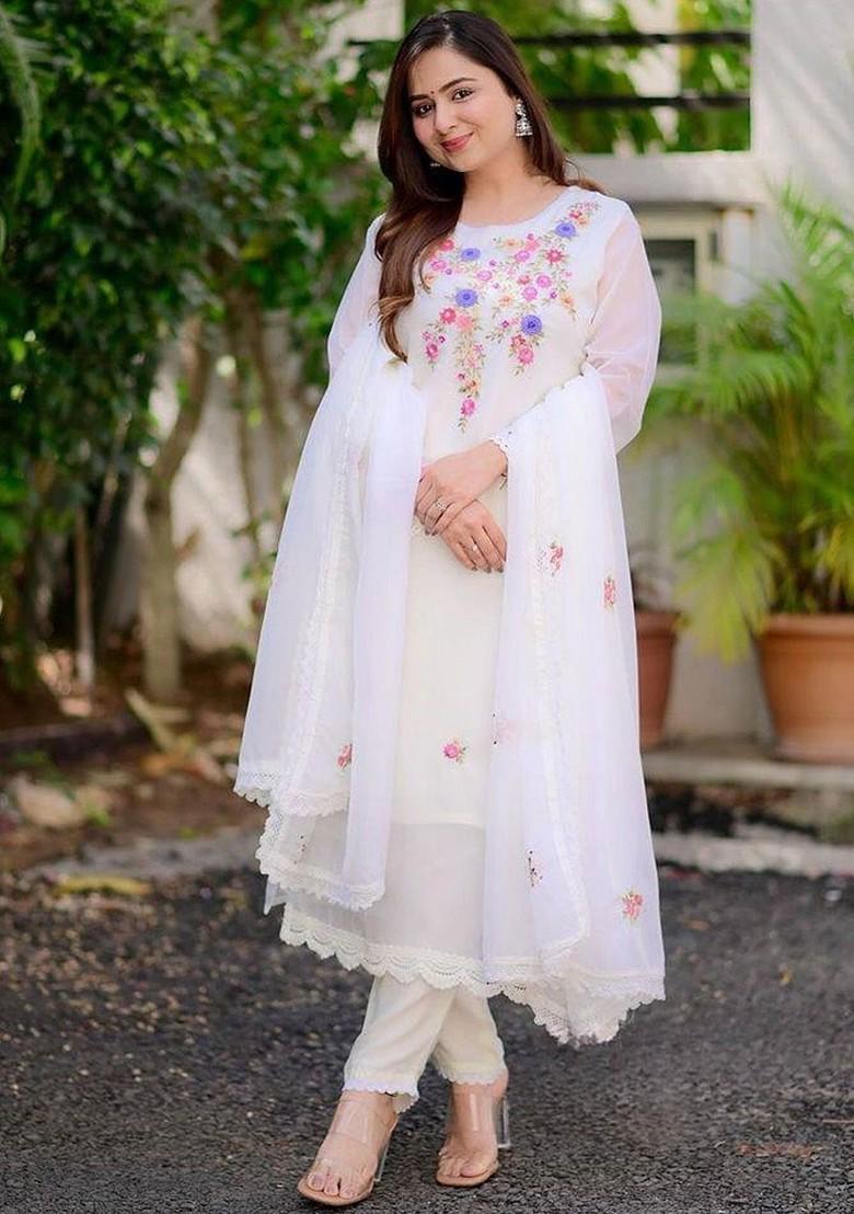 White Floral Embroidered Poly Blend Kurta Set