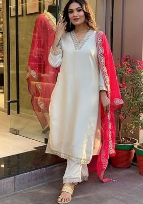 Pink Floral Embroidered Silk Kurta Set