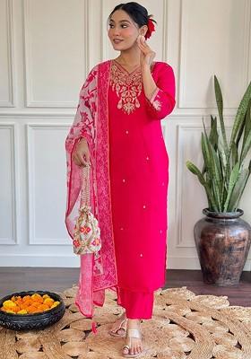 Pink Printed Silk Kurta Set