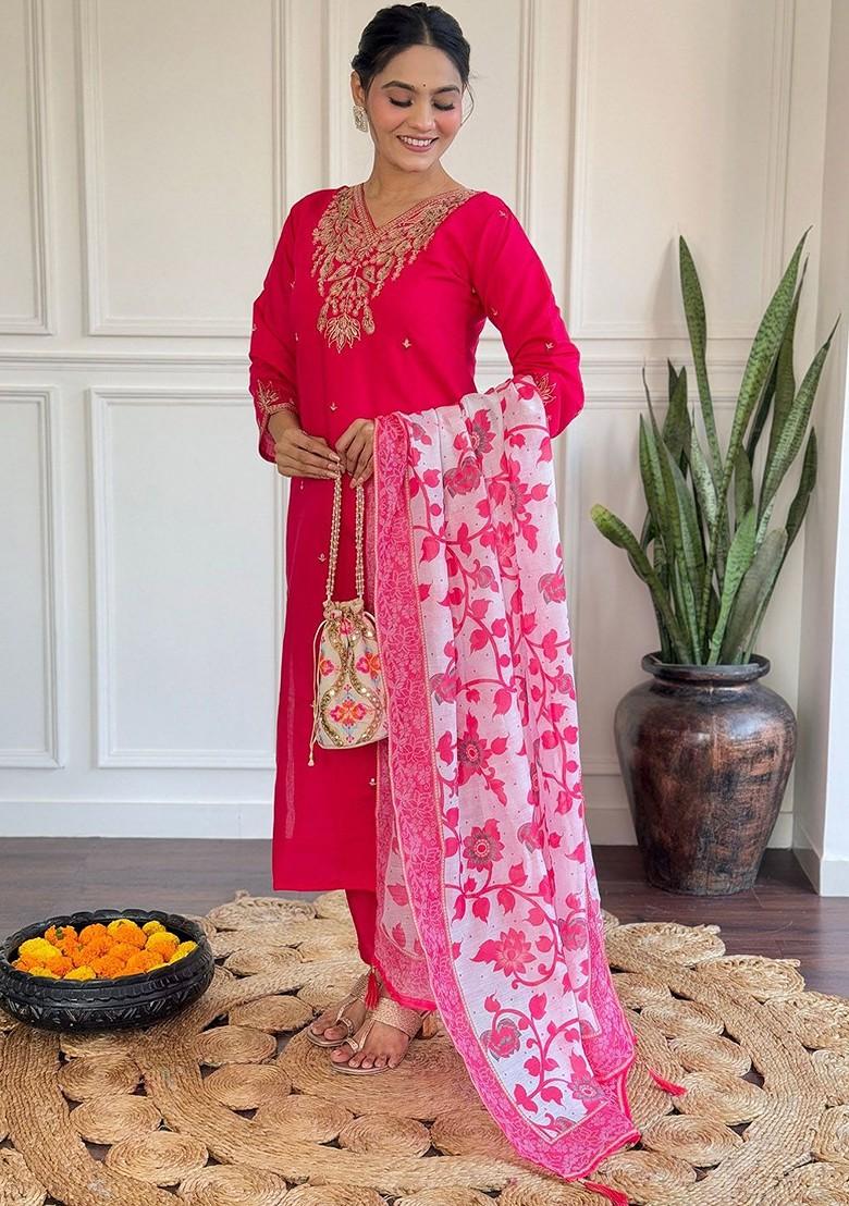 Pink Printed Silk Kurta Set