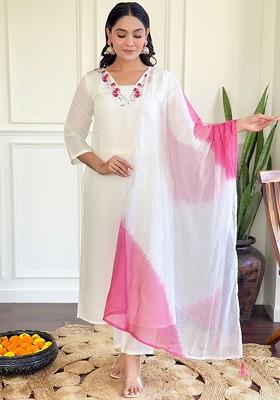 White Floral Embroidered Silk Kurta Set