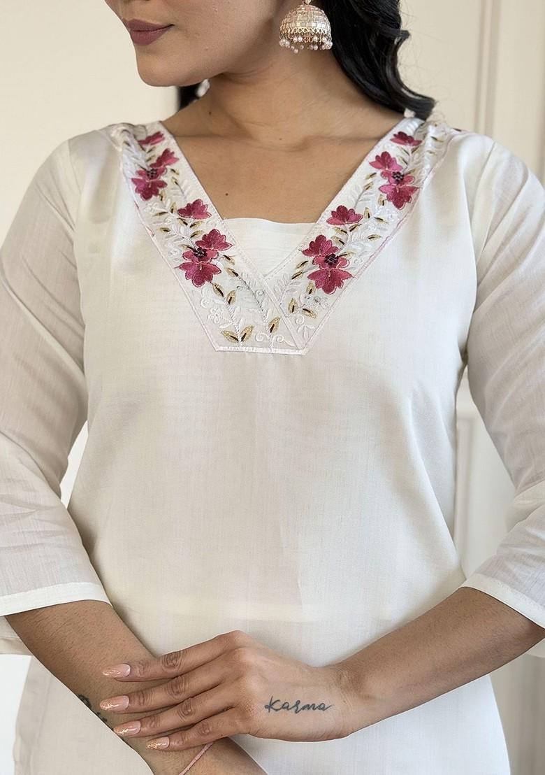 White Floral Embroidered Silk Kurta Set