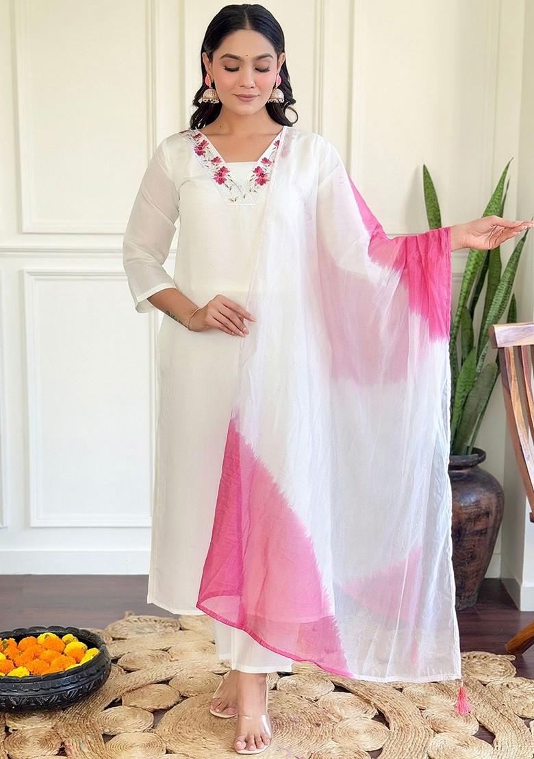 White Floral Embroidered Silk Kurta Set