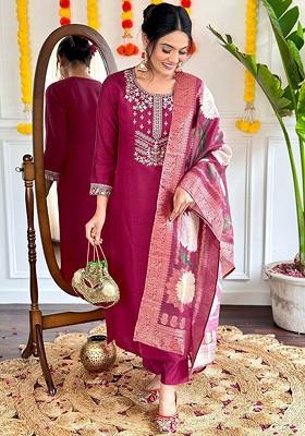 Purple Floral Embroidered Silk Kurta Set
