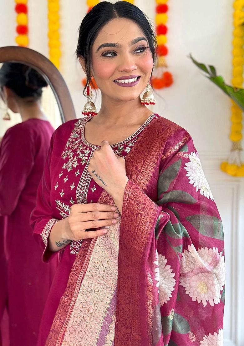 Purple Floral Embroidered Silk Kurta Set