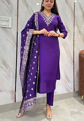 Purple Printed Silk Kurta Set