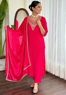 Pink Floral Embroidered Silk Kurta Set