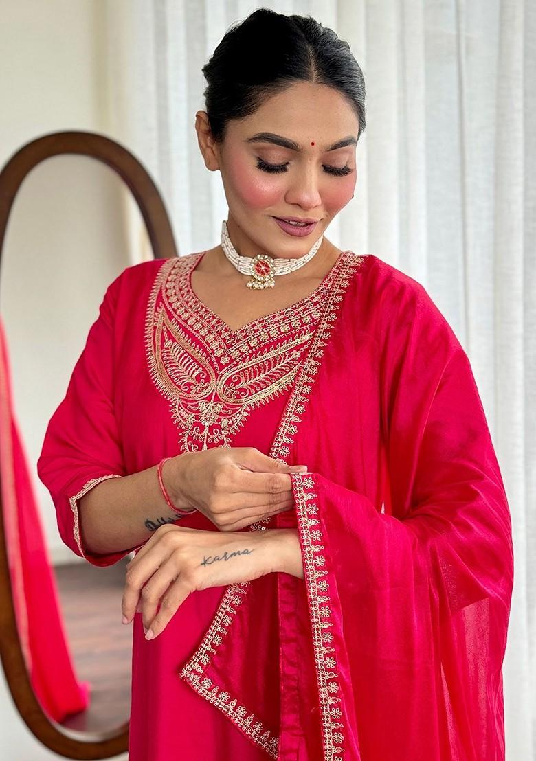 Pink Floral Embroidered Silk Kurta Set
