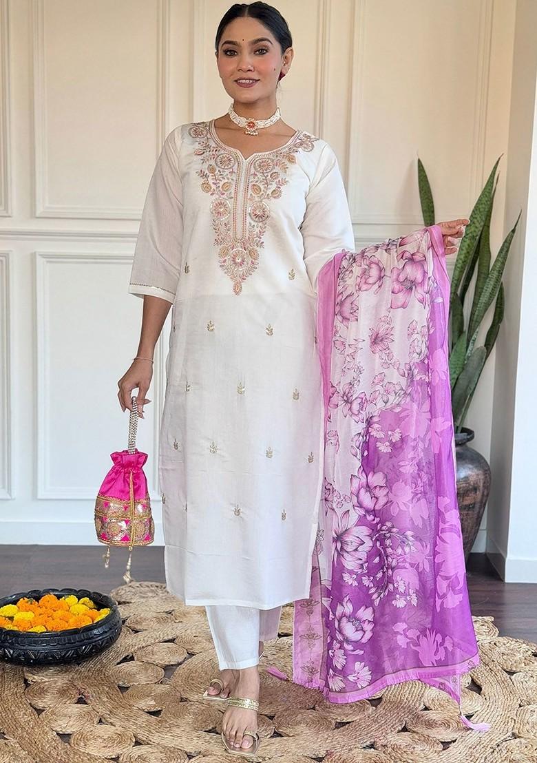 Purple Floral Embroidered Silk Kurta Set