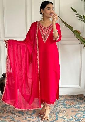 Red Ethnic Motifs Embroidery Silk Kurta Set