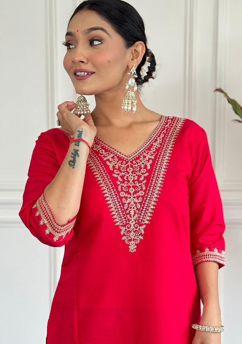 Red Ethnic Motifs Embroidery Silk Kurta Set
