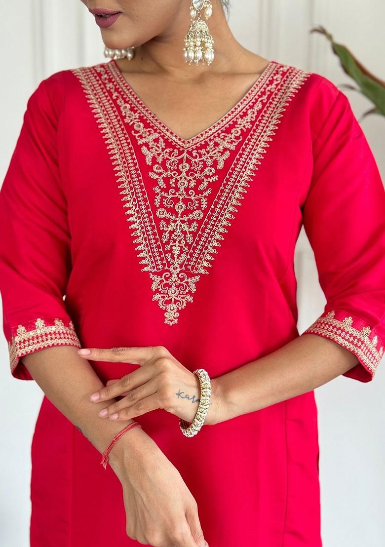 Red Ethnic Motifs Embroidery Silk Kurta Set