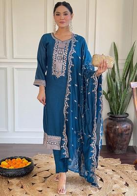 Blue Ethnic Motifs Embroidery Poly Blend Kurta Set