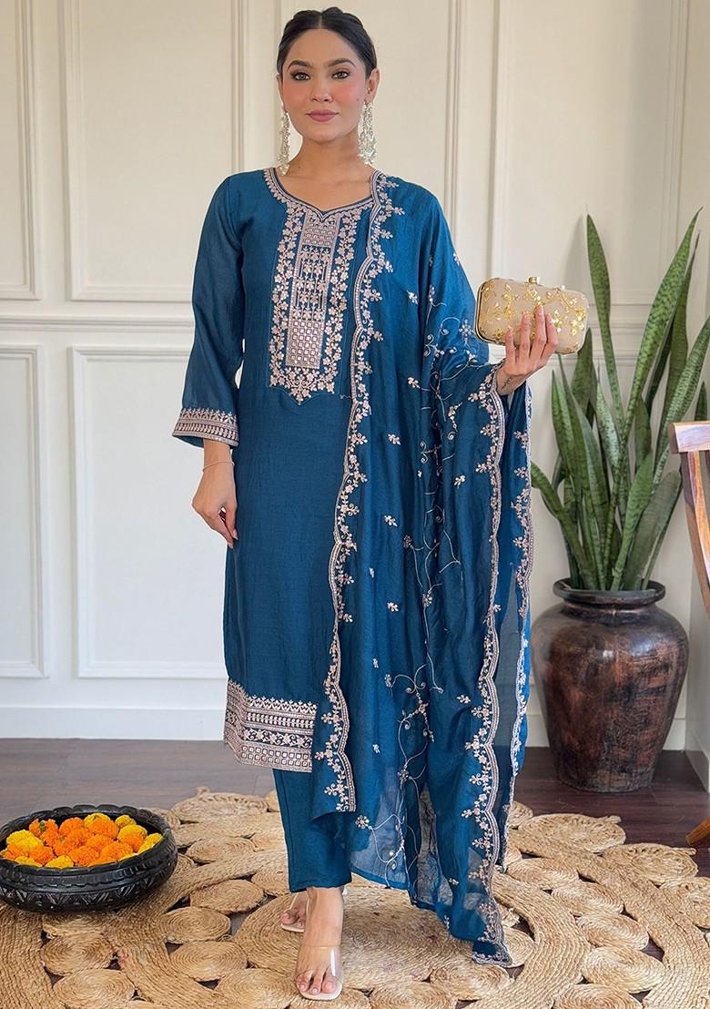 Blue Ethnic Motifs Embroidery Poly Blend Kurta Set
