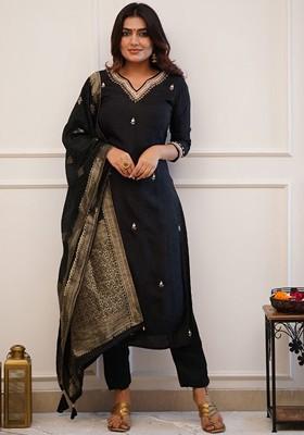 Black Ethnic Motifs Embroidery Silk Kurta Set