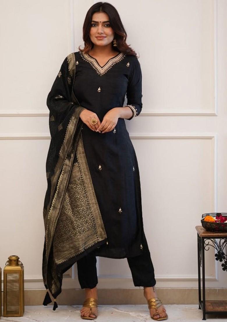 Black Ethnic Motifs Embroidery Silk Kurta Set