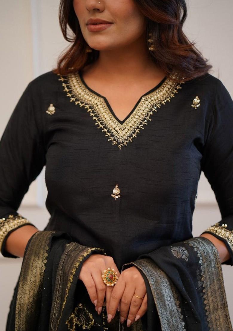 Black Ethnic Motifs Embroidery Silk Kurta Set