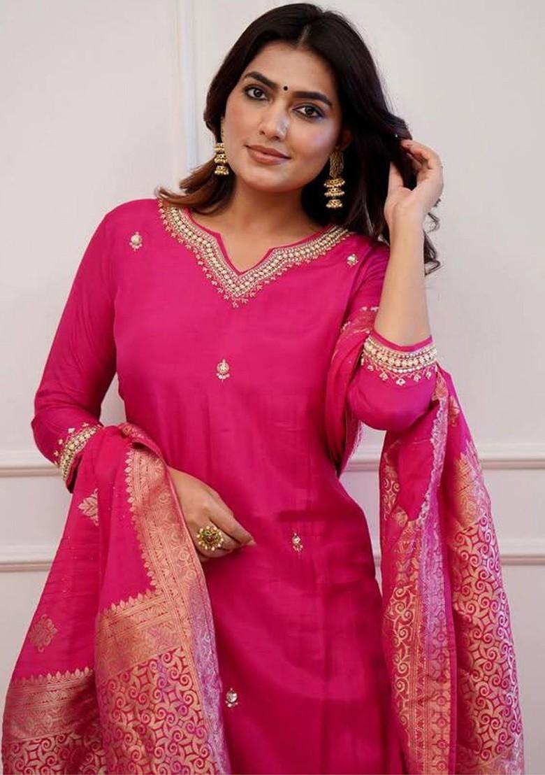 Pink Floral Embroidered Silk Kurta Set