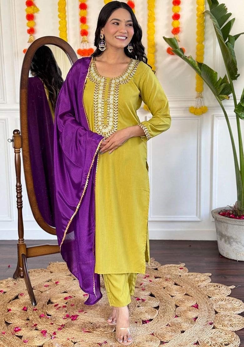 Lime Green Ethnic Motifs Embroidery Poly Blend Kurta Set