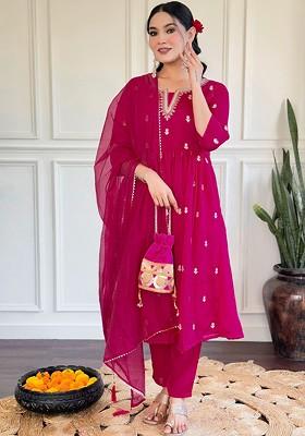 Pink Ethnic Motifs Embroidery Poly Blend Kurta Set