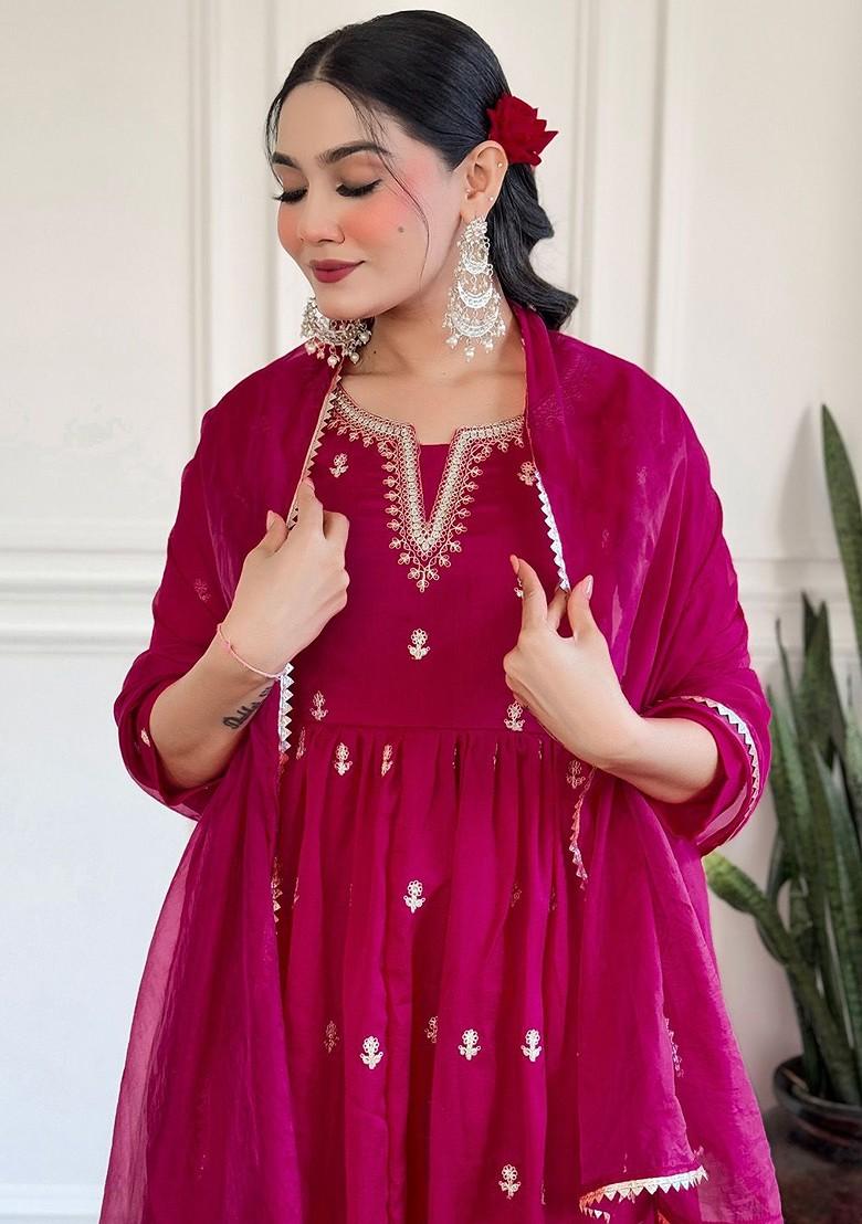 Pink Ethnic Motifs Embroidery Poly Blend Kurta Set