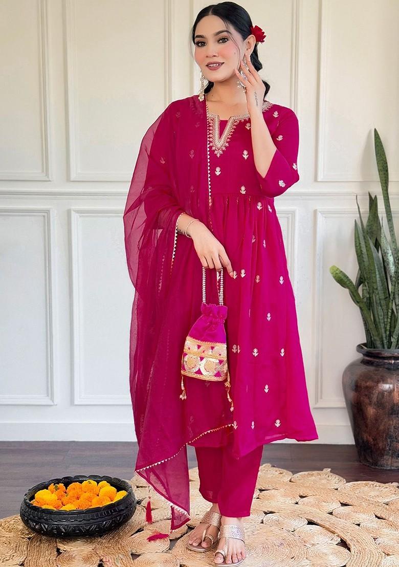 Pink Ethnic Motifs Embroidery Poly Blend Kurta Set