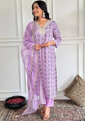 Lavender Embroidered Poly Blend Kurta Set