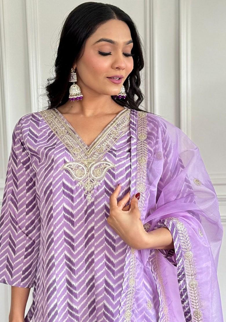Lavender Embroidered Poly Blend Kurta Set