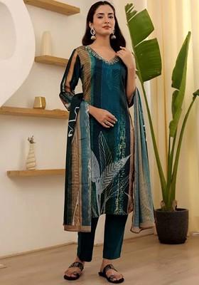 Green Floral Embroidered Poly Blend Kurta Set