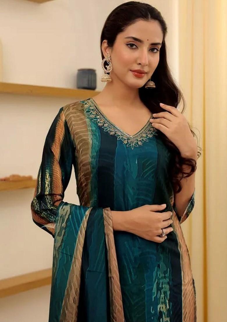 Green Floral Embroidered Poly Blend Kurta Set