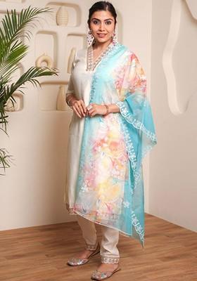 White Floral Embroidered Silk Kurta Set
