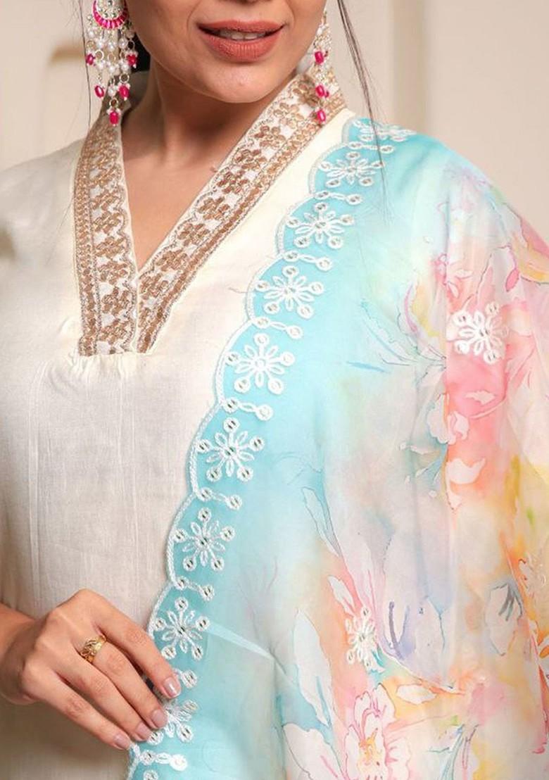White Floral Embroidered Silk Kurta Set