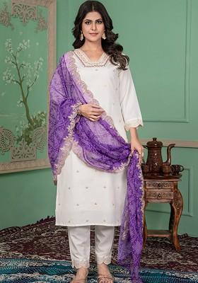 White Embroidered Poly Blend Kurta Set
