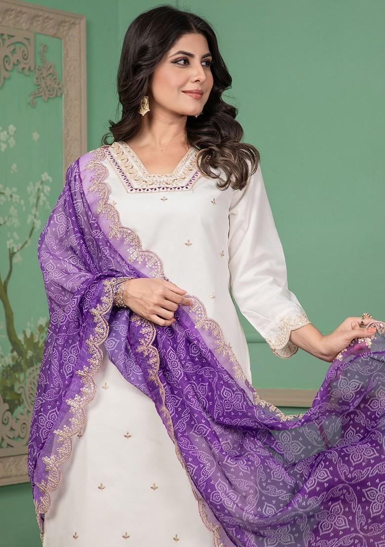 White Embroidered Poly Blend Kurta Set