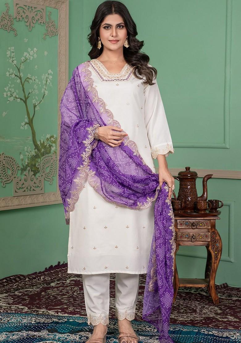 White Embroidered Poly Blend Kurta Set