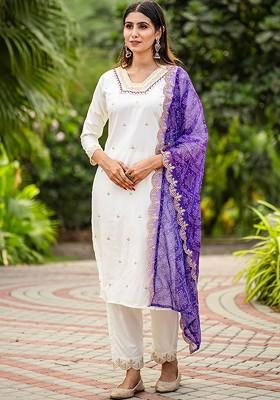 White Printed Poly Blend Kurta Set