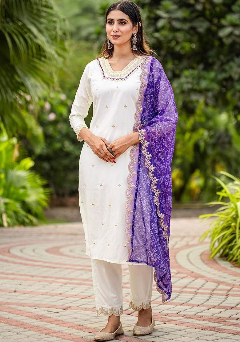 White Printed Poly Blend Kurta Set
