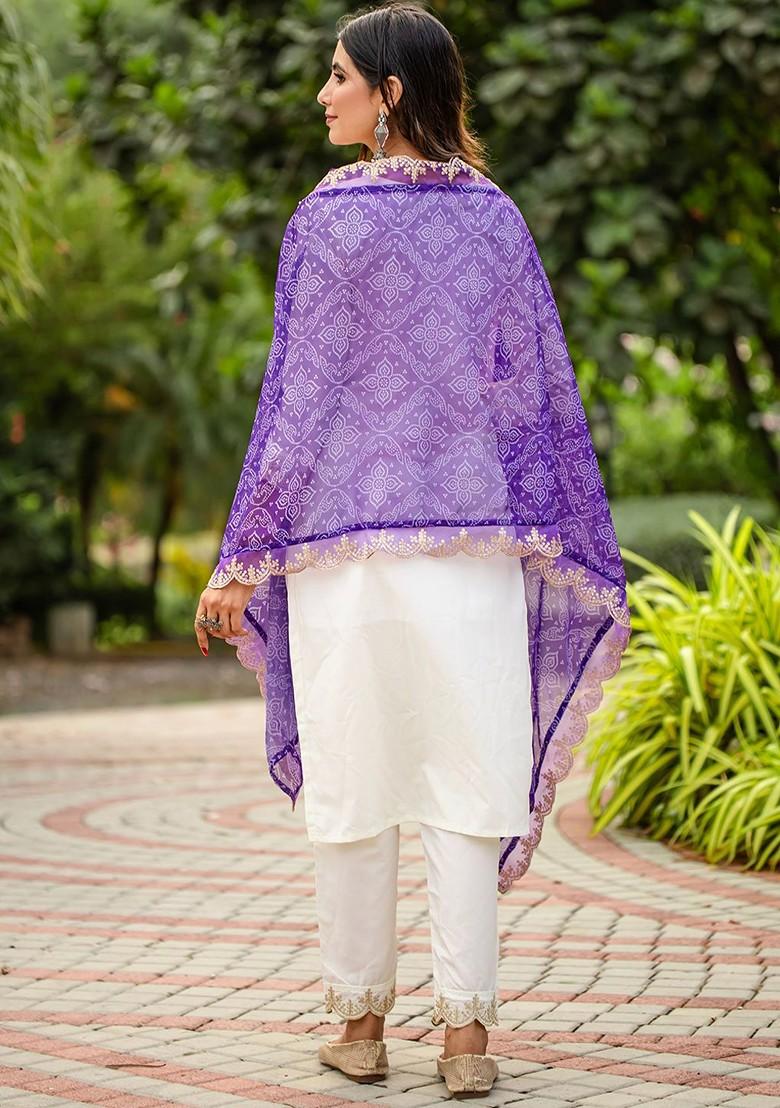 White Printed Poly Blend Kurta Set