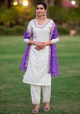 White Ethnic Motifs Embroidery Poly Blend Kurta Set